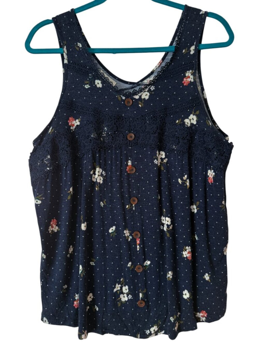 Maurices Women's Floral Button Up Crochet Trim Tank Top Size Large
